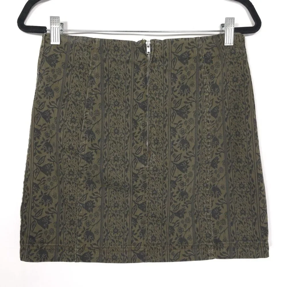 Free People Mini Skirt Size‎ 10 Modern Femme Floral Print Denim Green